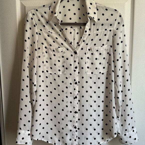 Express Portofino Shirt Size Small, White w Black Polka Dots, Roll Tab Sleeve - Picture 1 of 10